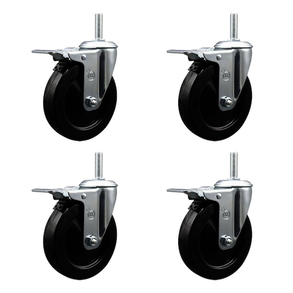 5 Inch Soft Rubber Swivel 58 Inch Threaded Stem Caster Set with Total Lock Brake
